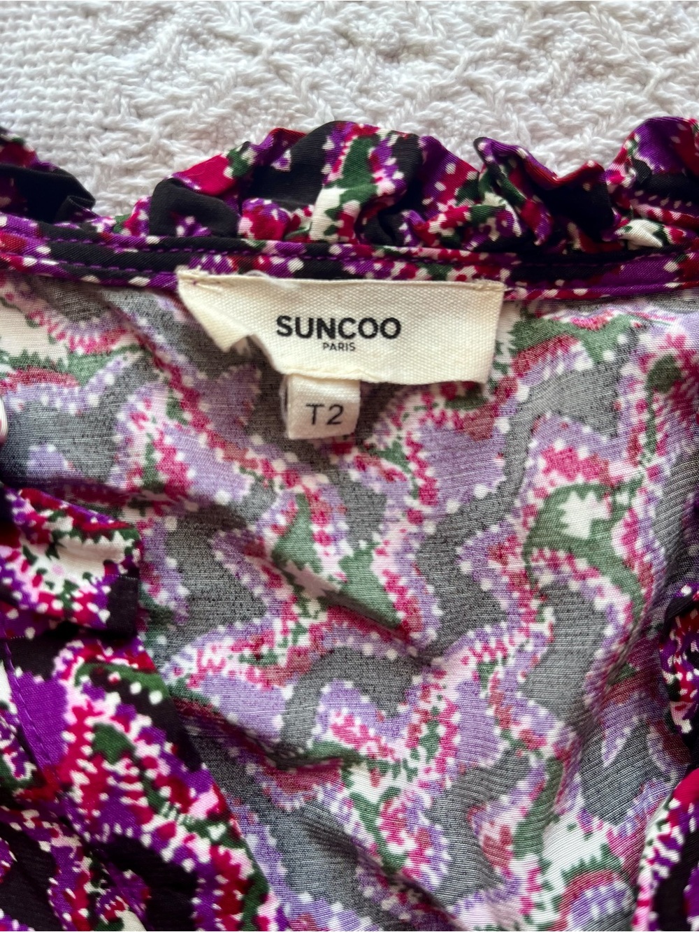 SUNCOO Purple & Magenta Pattern Blouse, V-Neck Long-Sleeve Frilly Collar Ditsy - Picture 6 of 13